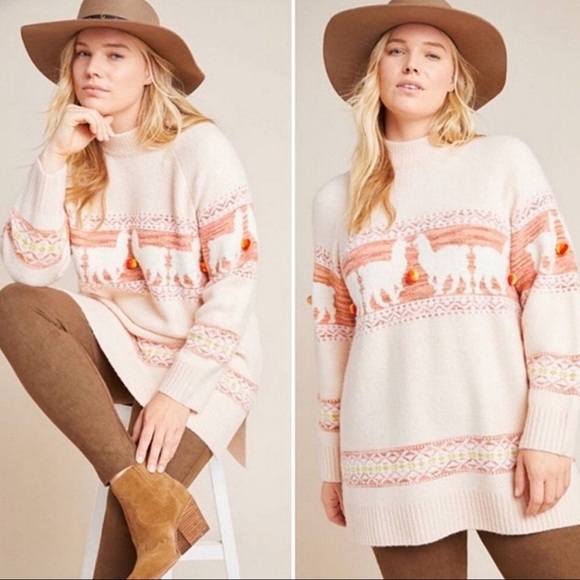 ANTHROPOLOGIE Pale pink peach llama Pom Pom sweater medium - Picture 1 of 10